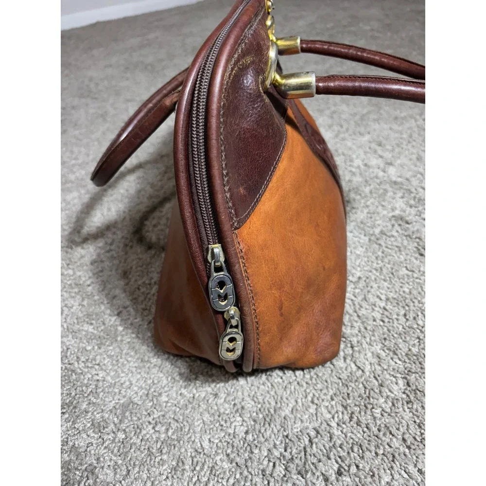 Marino Orlandi Brown Two Tone Leather Satchel Handbag Made in Italy Vintage